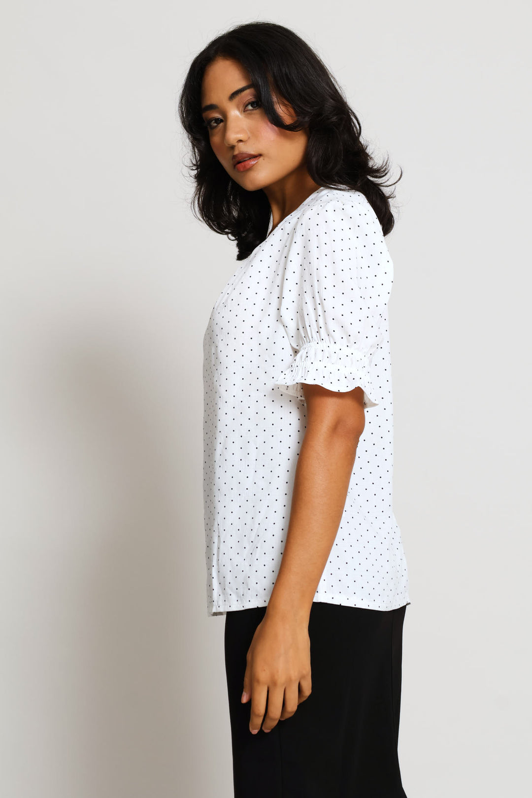 Pleat Neck Spot Puff Sleeve Blouse - Cream/Black