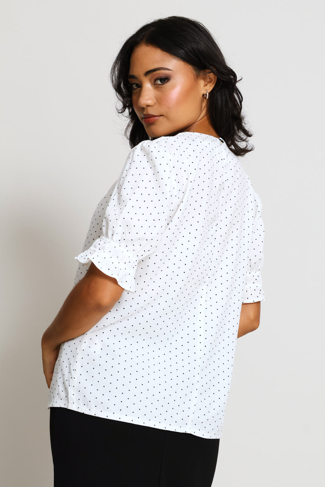 Pleat Neck Spot Puff Sleeve Blouse - Cream/Black