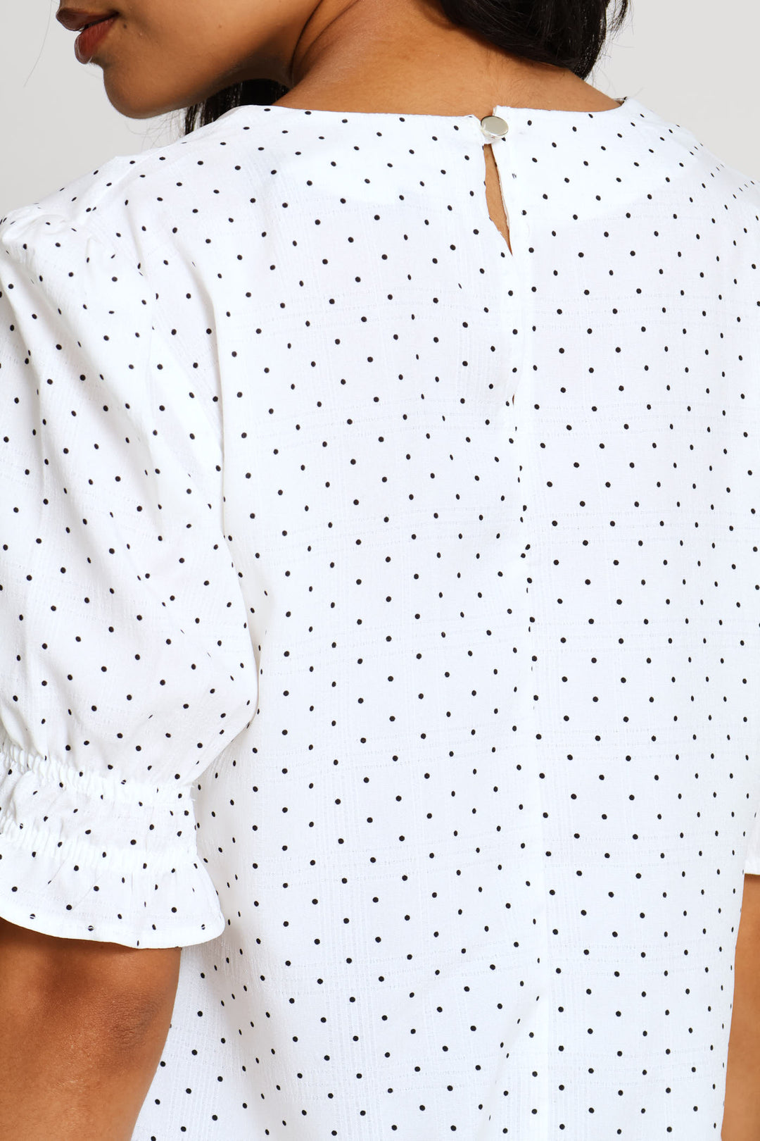 Pleat Neck Spot Puff Sleeve Blouse - Cream/Black