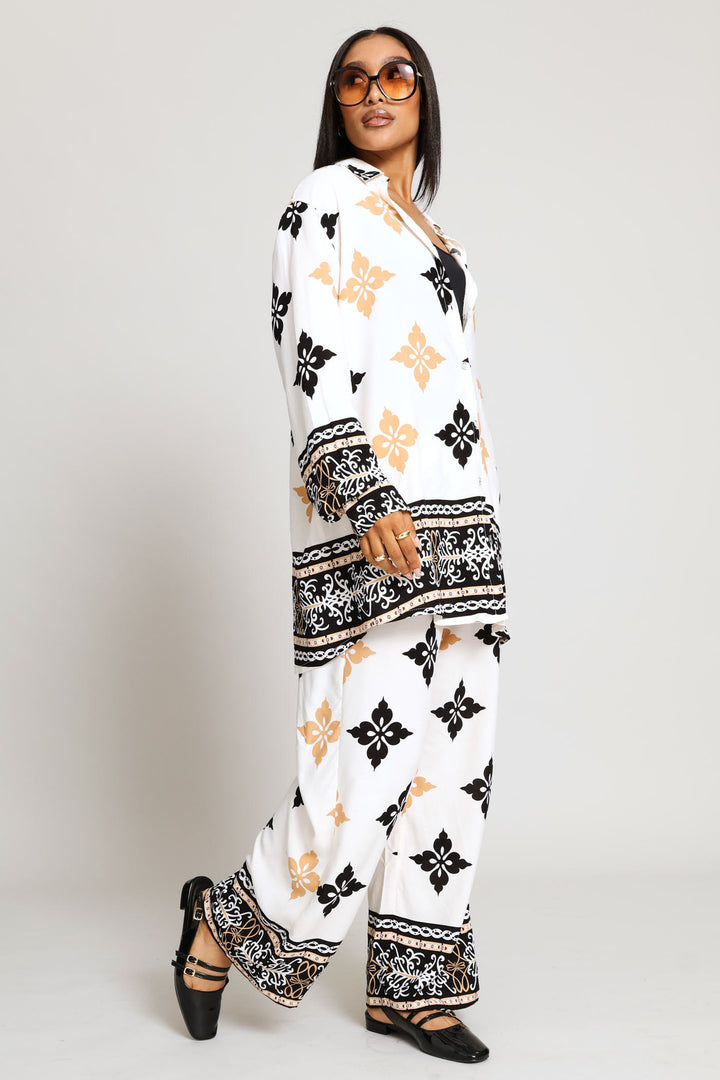 Printed Border Pullon Wideleg Pants - Cream/Multi