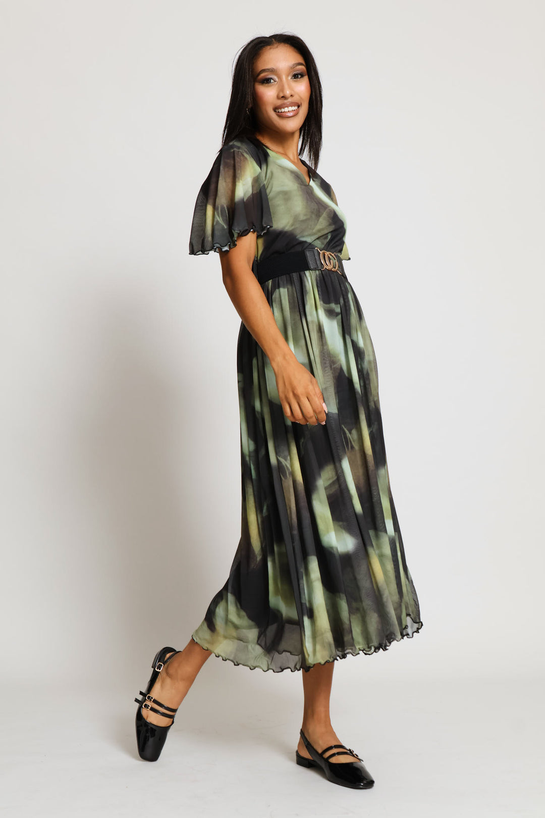 V-Neck Flutter Sleeve Mesh Maxi Dress - Green