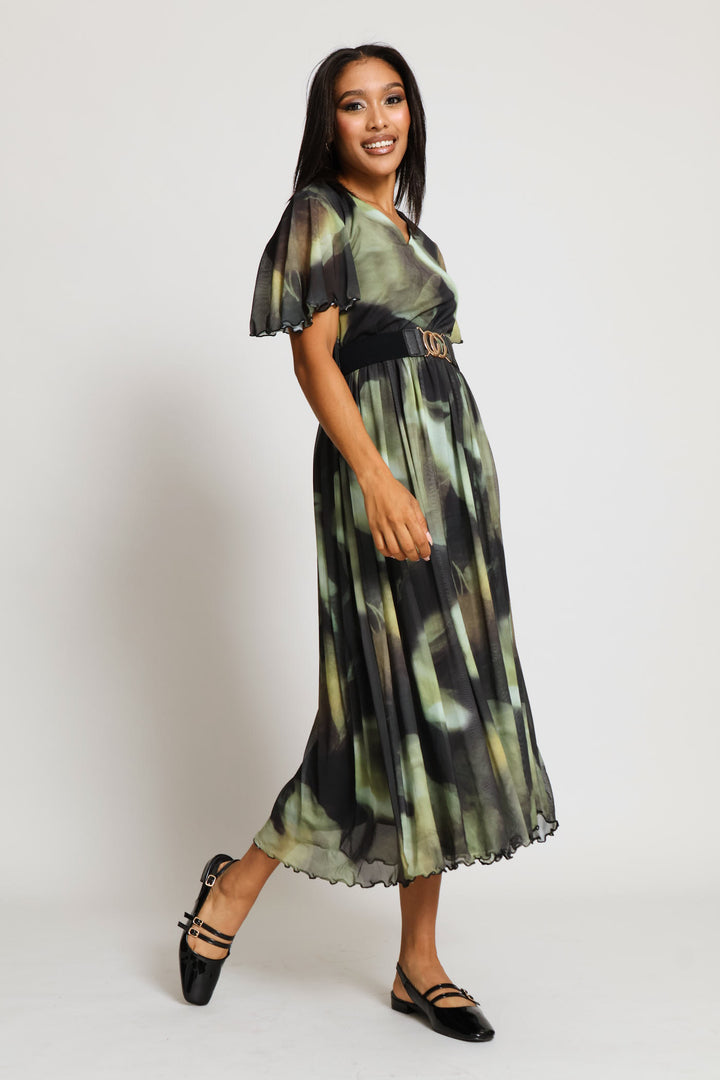 V-Neck Flutter Sleeve Mesh Maxi Dress - Green