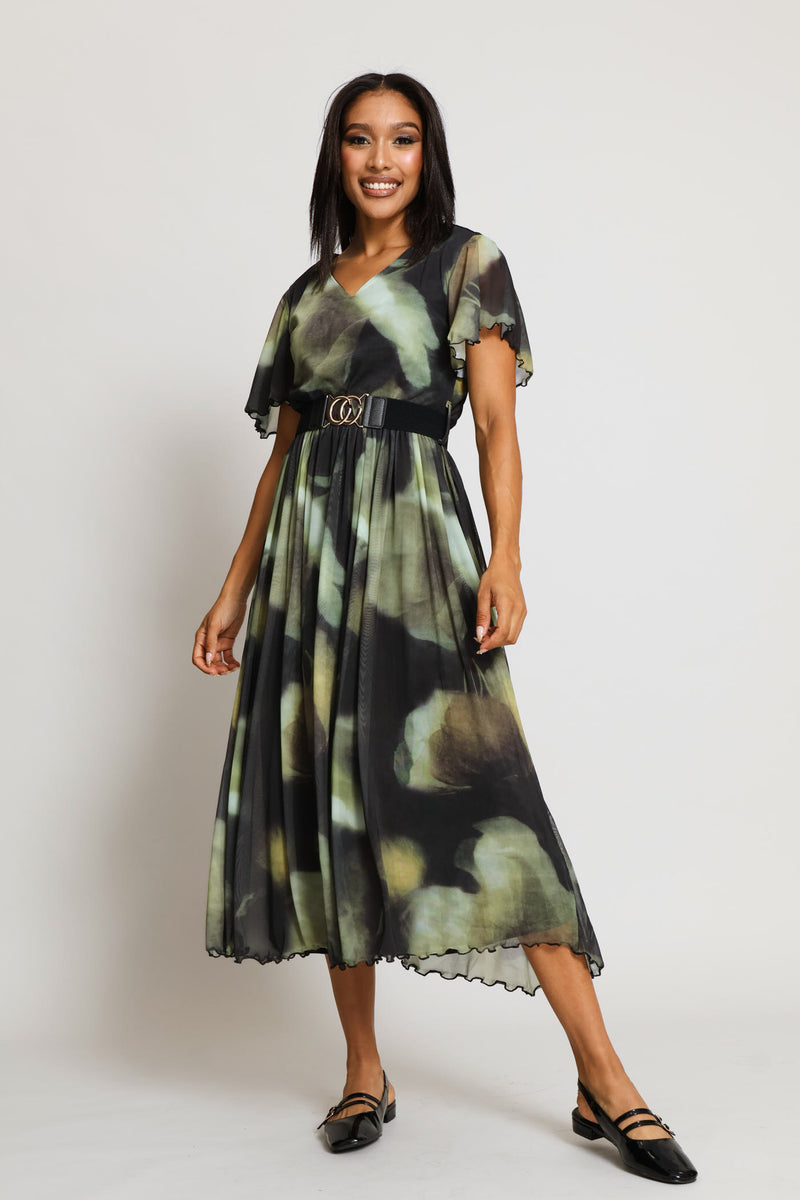 V-Neck Flutter Sleeve Mesh Maxi Dress - Green