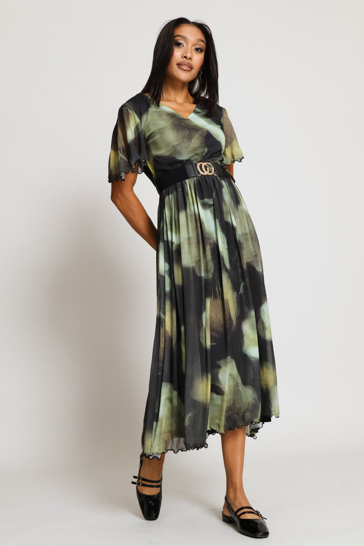 V-Neck Flutter Sleeve Mesh Maxi Dress - Green