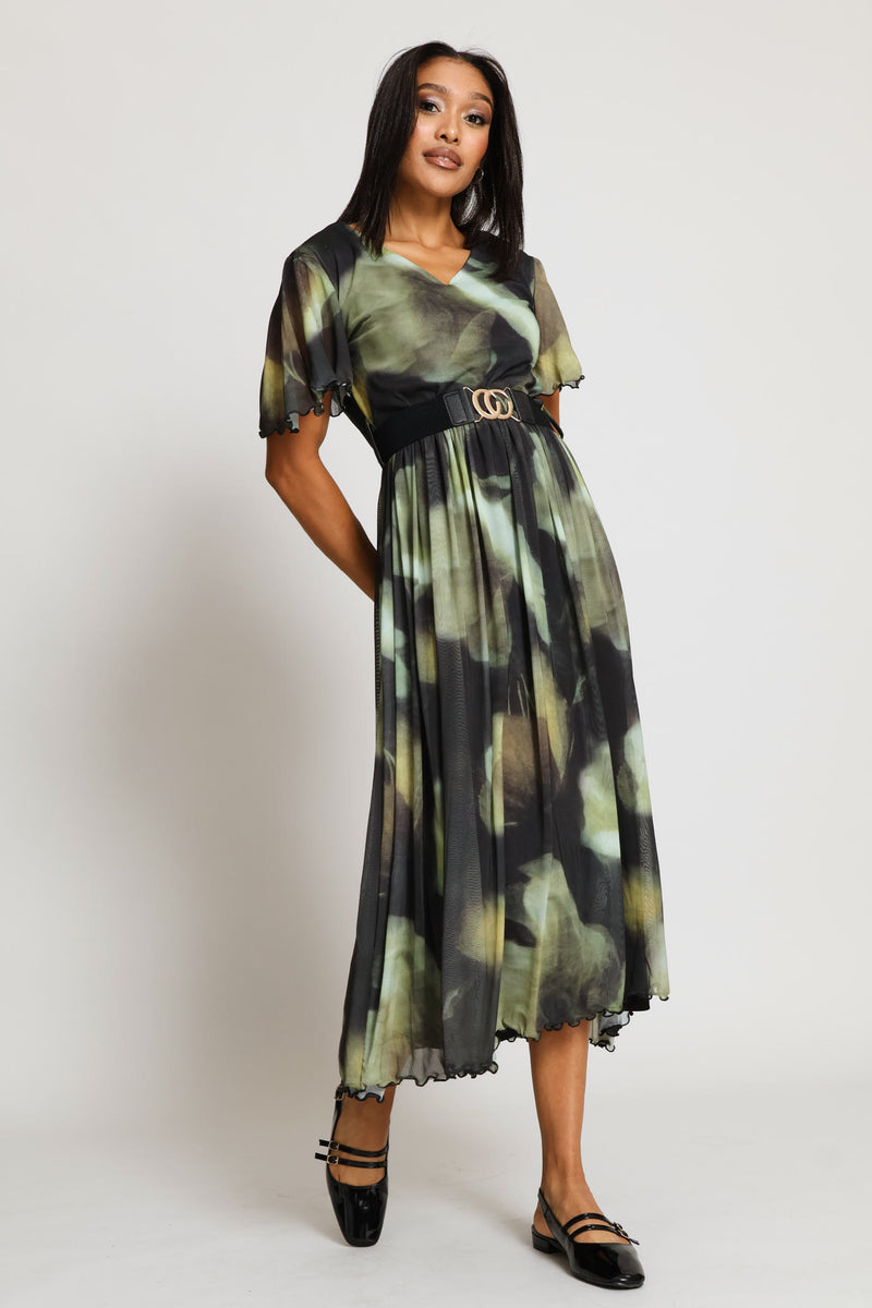 V-Neck Flutter Sleeve Mesh Maxi Dress - Green