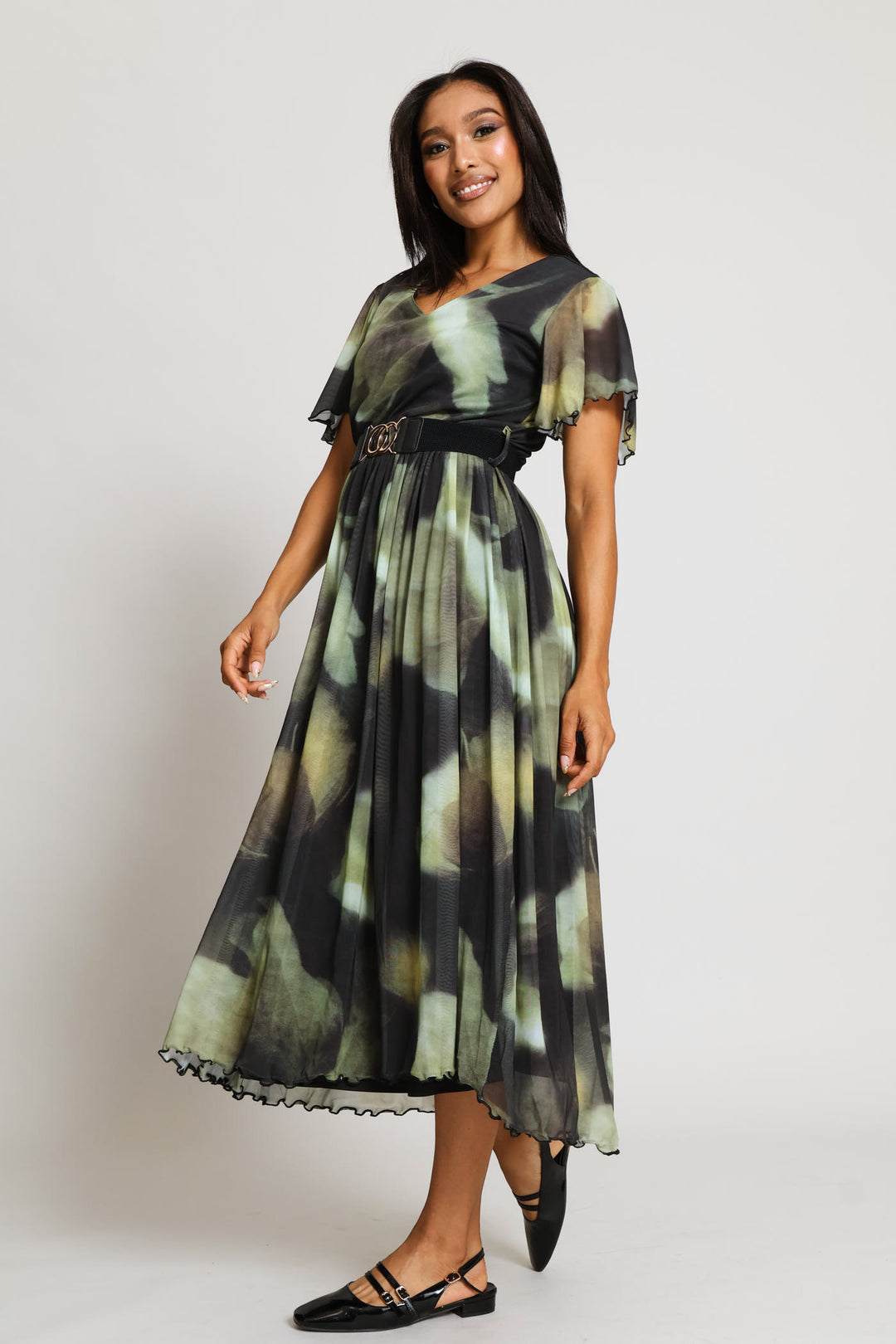 V-Neck Flutter Sleeve Mesh Maxi Dress - Green