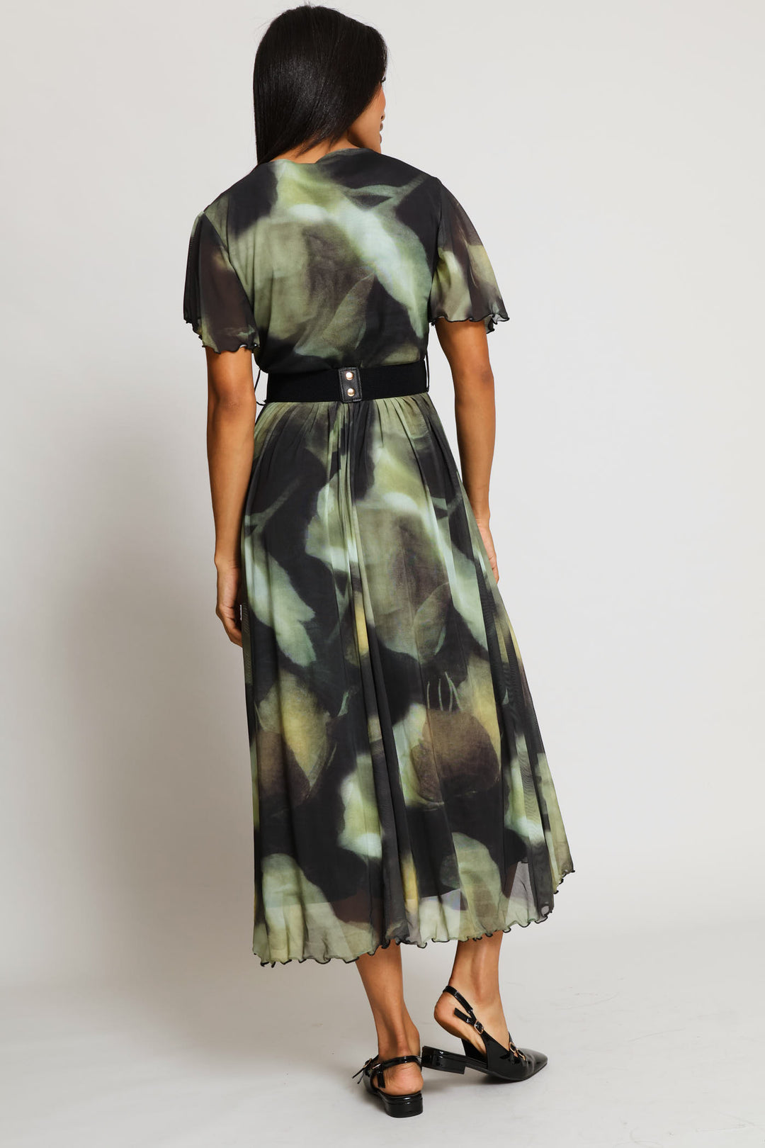 V-Neck Flutter Sleeve Mesh Maxi Dress - Green