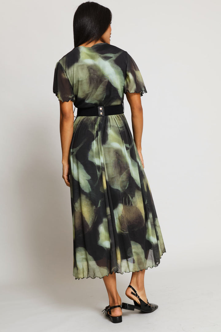 V-Neck Flutter Sleeve Mesh Maxi Dress - Green