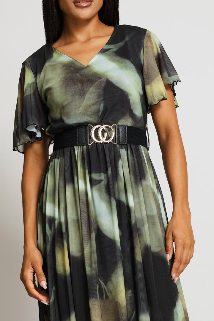 V-Neck Flutter Sleeve Mesh Maxi Dress - Green