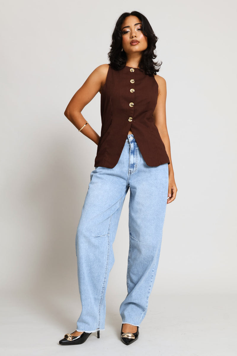 Hi-Neck Waistcoat Top - Dark Chocolate