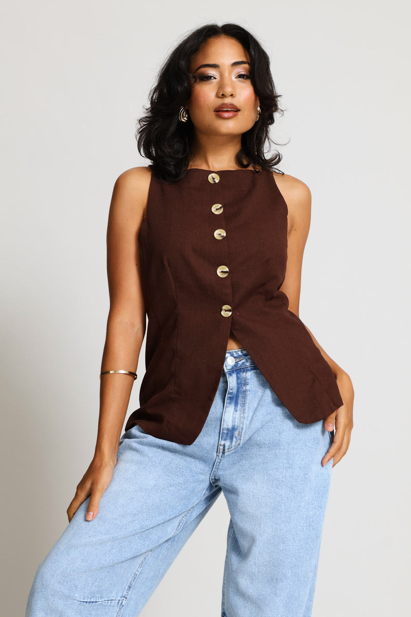 Hi-Neck Waistcoat Top - Dark Chocolate