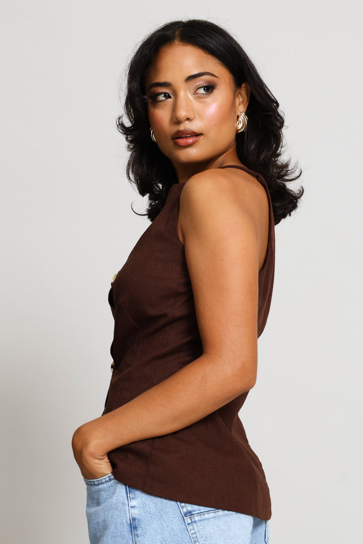 Hi-Neck Waistcoat Top - Dark Chocolate