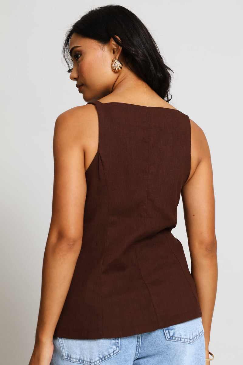 Hi-Neck Waistcoat Top - Dark Chocolate