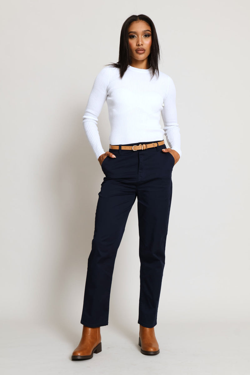 Belted Sateen Chino Straight Leg Pant - Navy