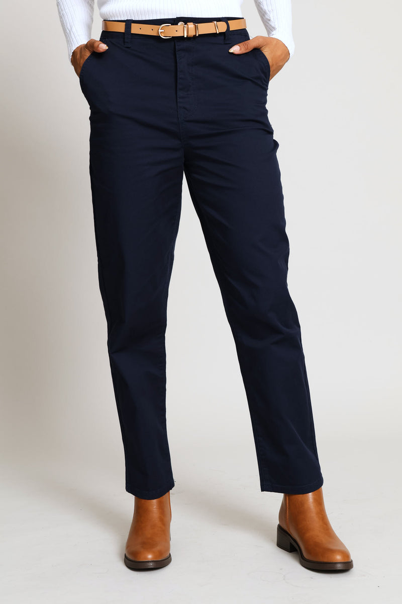 Belted Sateen Chino Straight Leg Pant - Navy