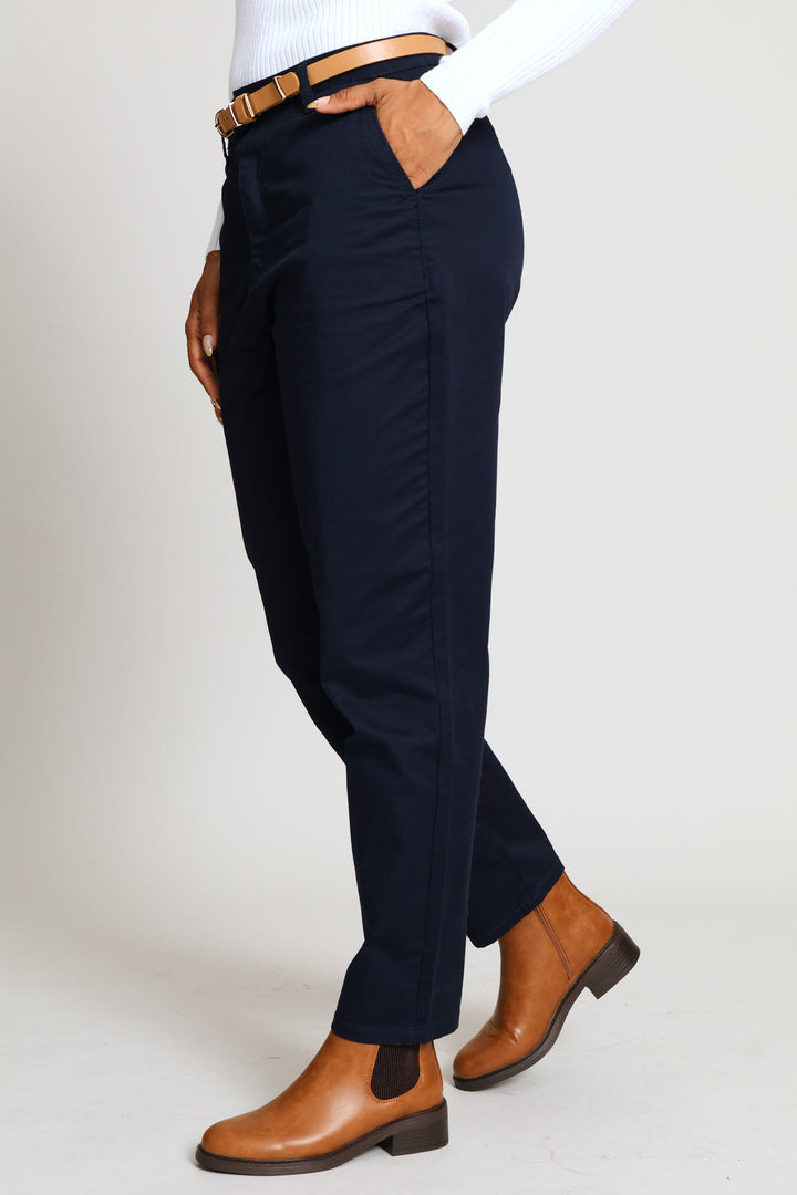 Belted Sateen Chino Straight Leg Pant - Navy