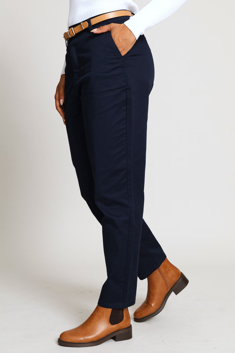 Belted Sateen Chino Straight Leg Pant - Navy