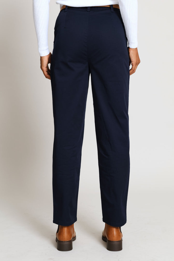 Belted Sateen Chino Straight Leg Pant - Navy