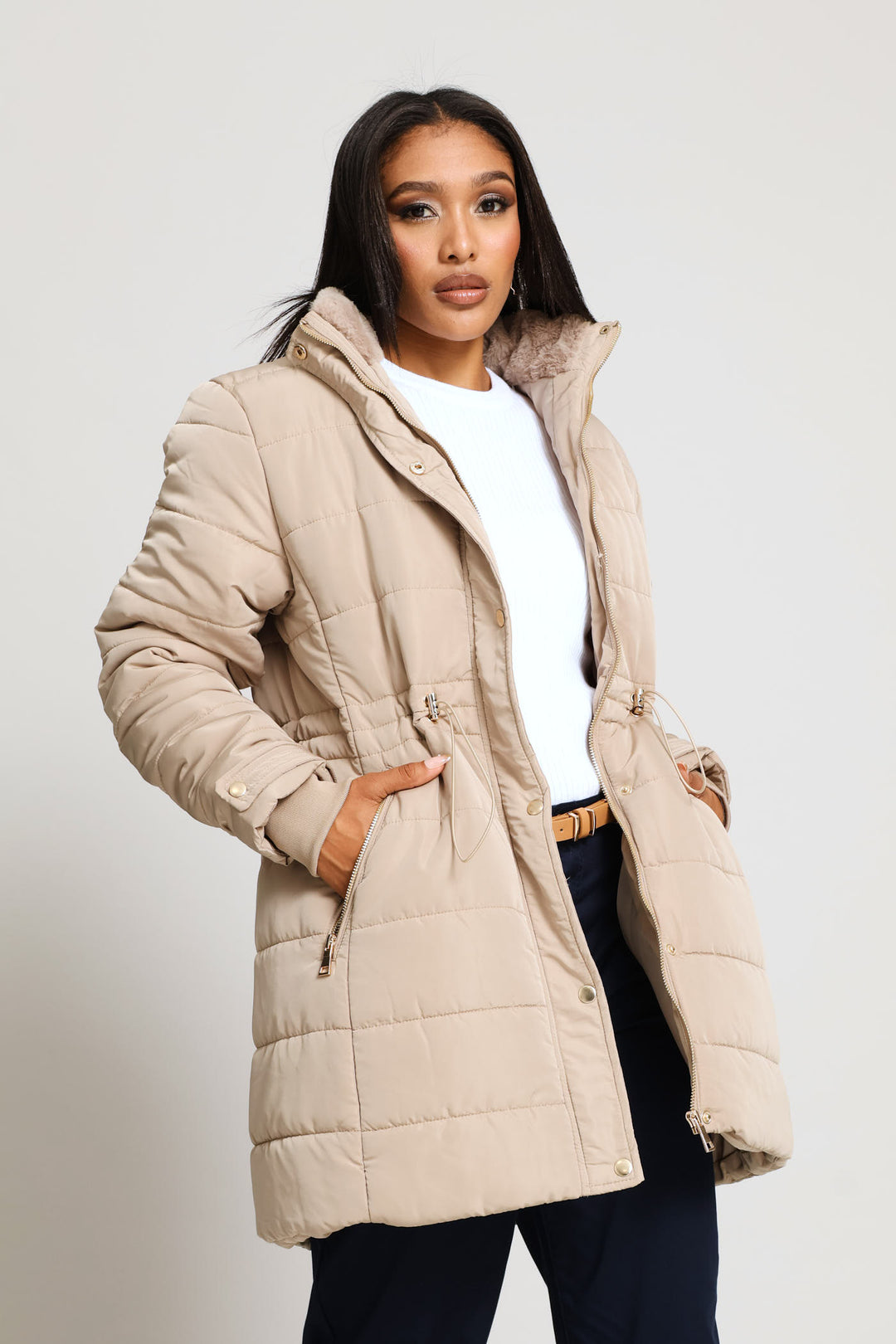 Waisted Quilted Parka Puffer Jacket - Dark Beige