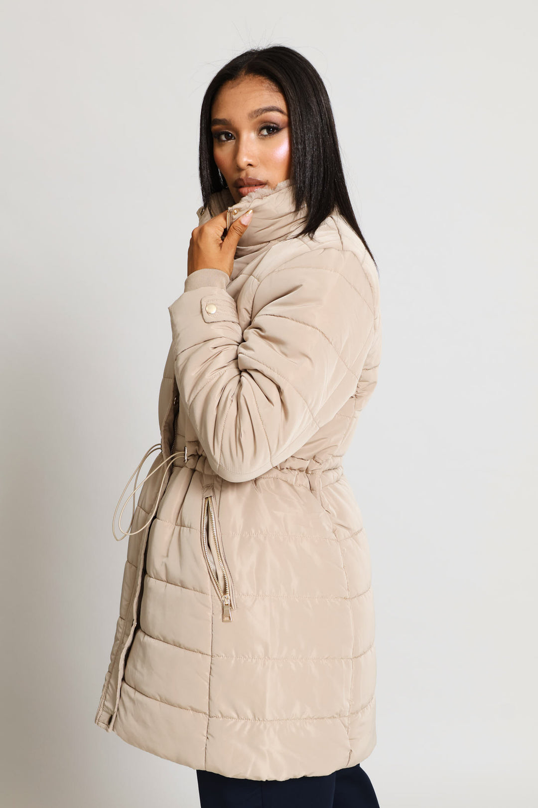 Waisted Quilted Parka Puffer Jacket - Dark Beige