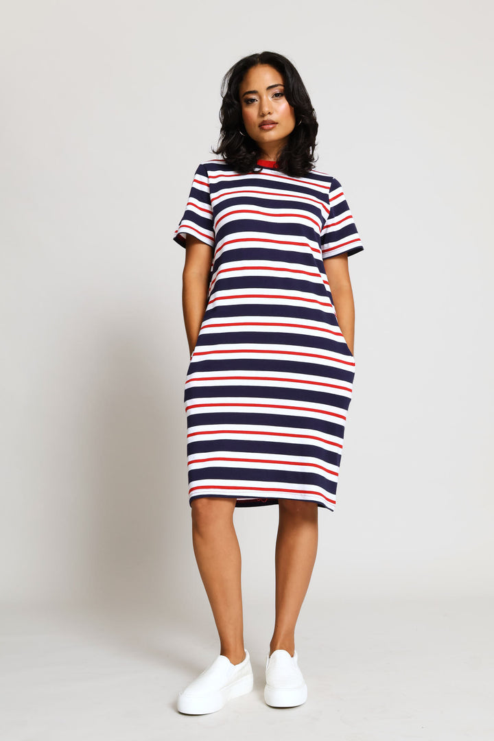 Crew Neck Stripe T-Shirt Dress - Navy/Red