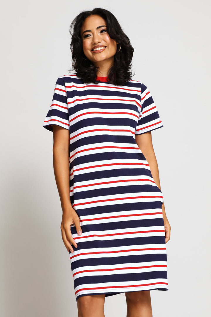 Crew Neck Stripe T-Shirt Dress - Navy/Red