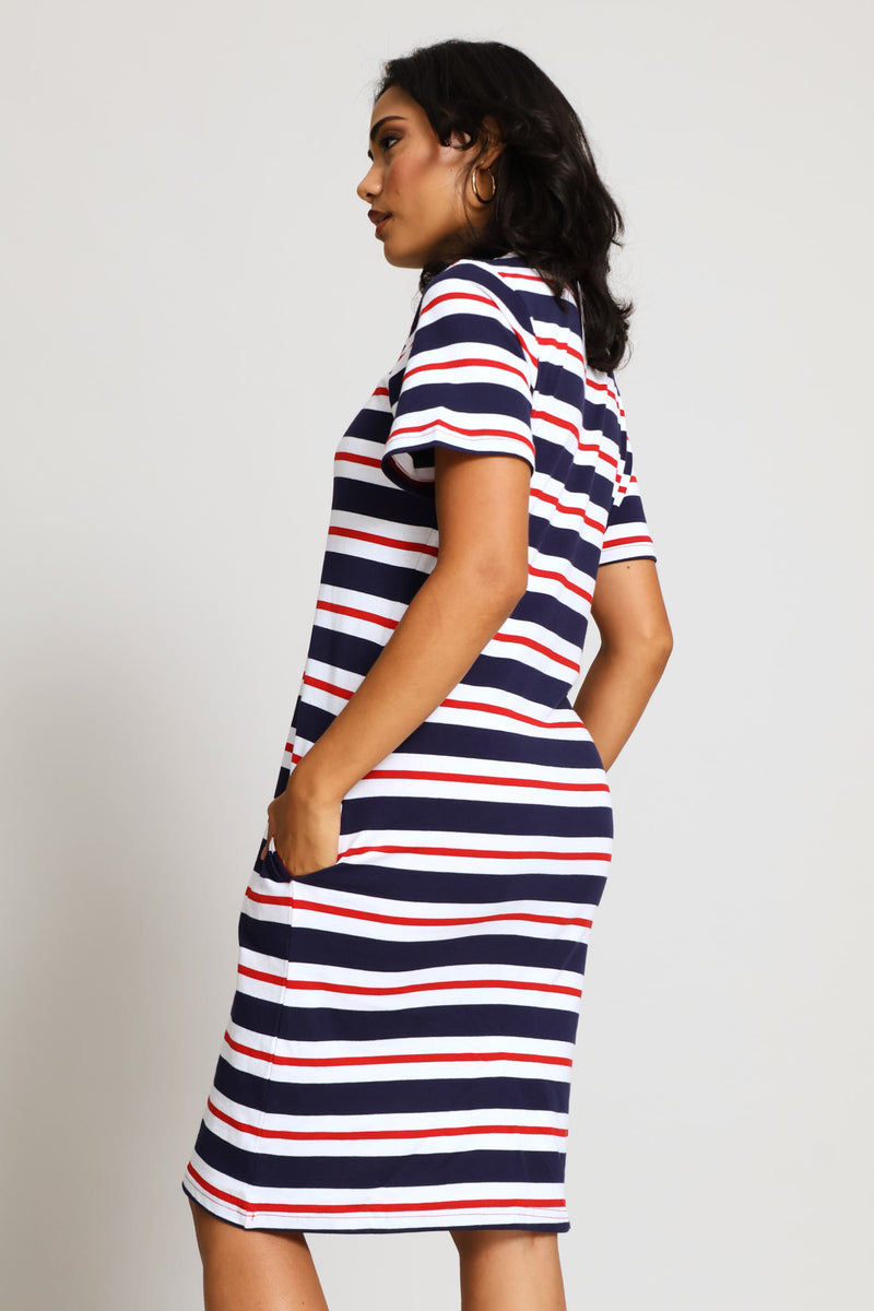 Crew Neck Stripe T-Shirt Dress - Navy/Red