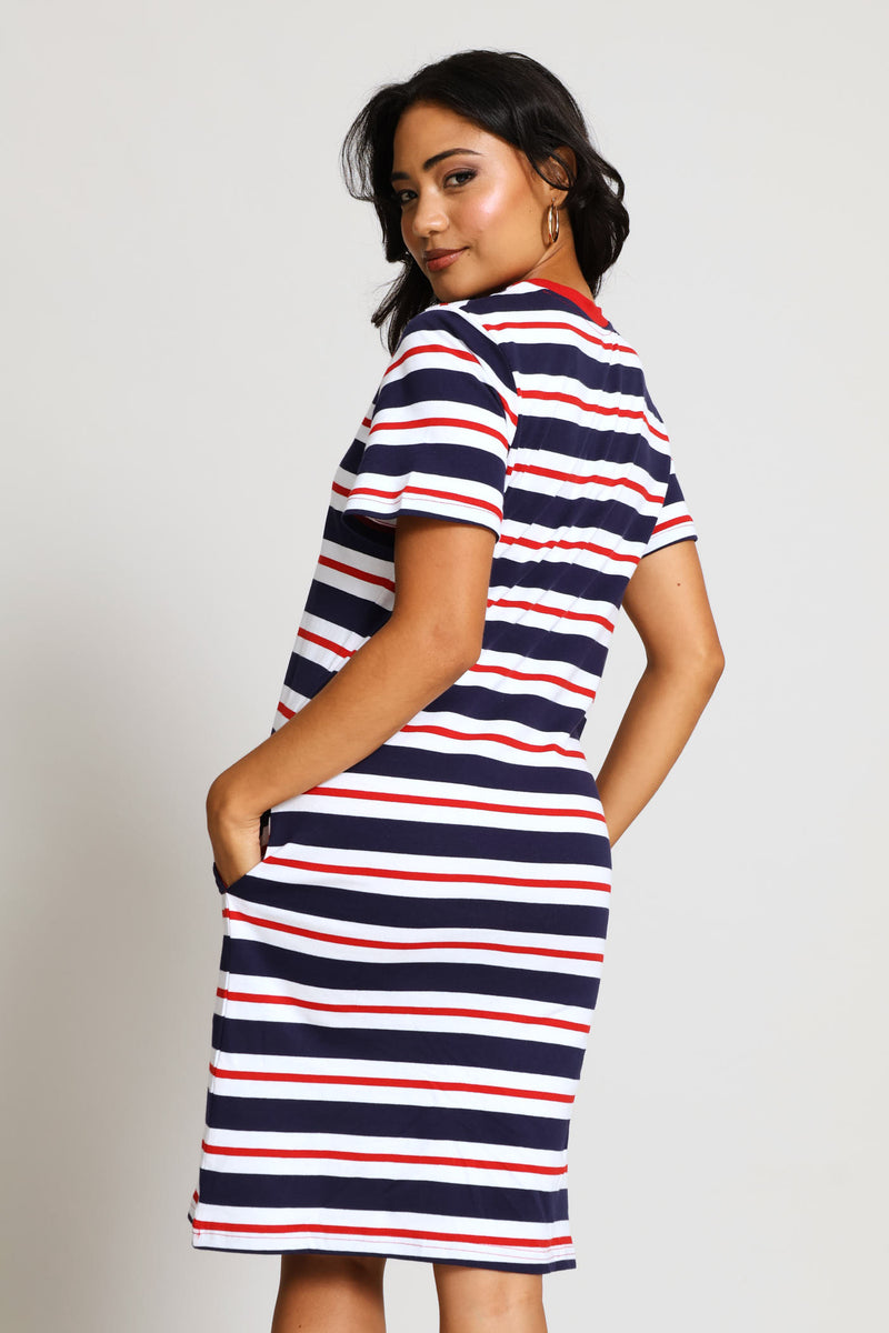 Crew Neck Stripe T-Shirt Dress - Navy/Red
