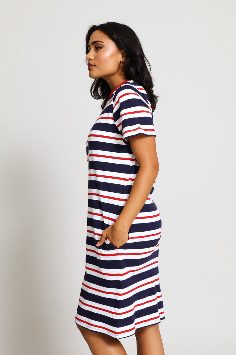 Crew Neck Stripe T-Shirt Dress - Navy/Red