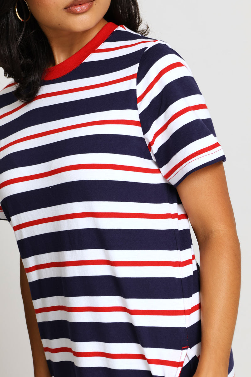 Crew Neck Stripe T-Shirt Dress - Navy/Red