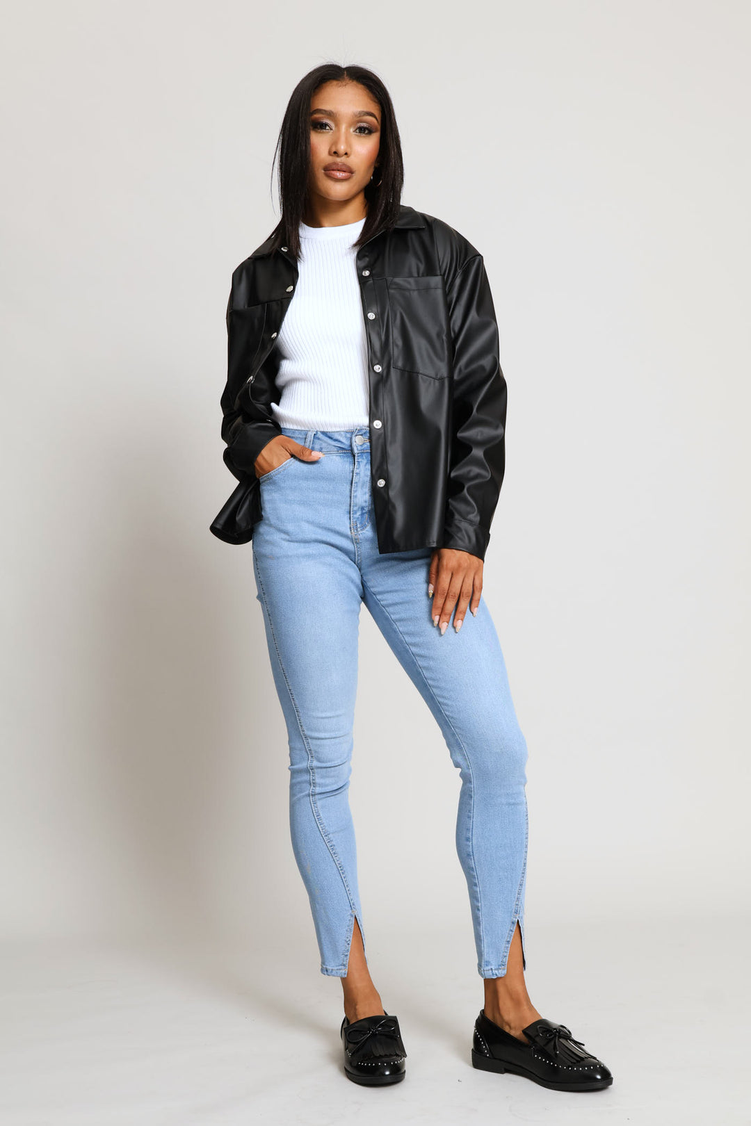 Long Sleeve Curved Hem Press Stud & Pocket Detail Shacket - Black