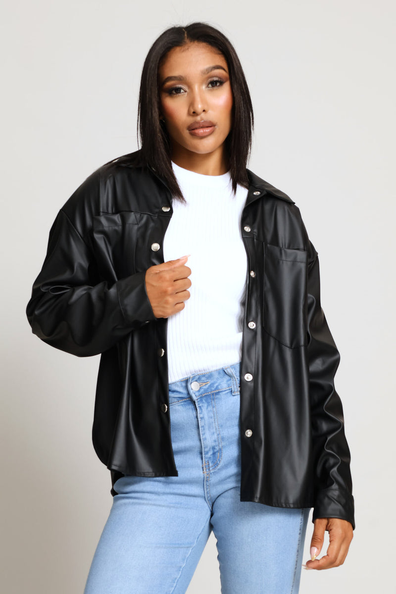 Long Sleeve Curved Hem Press Stud & Pocket Detail Shacket - Black