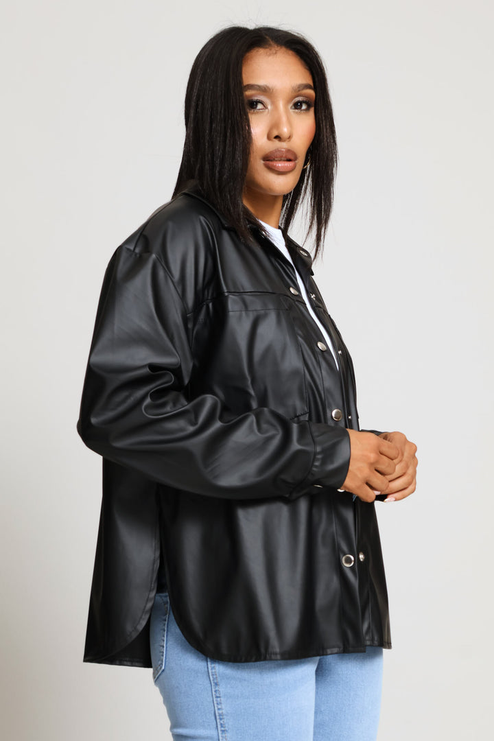 Long Sleeve Curved Hem Press Stud & Pocket Detail Shacket - Black