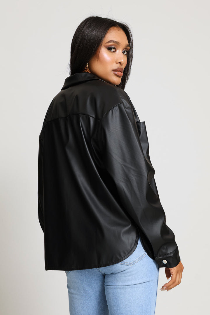Long Sleeve Curved Hem Press Stud & Pocket Detail Shacket - Black