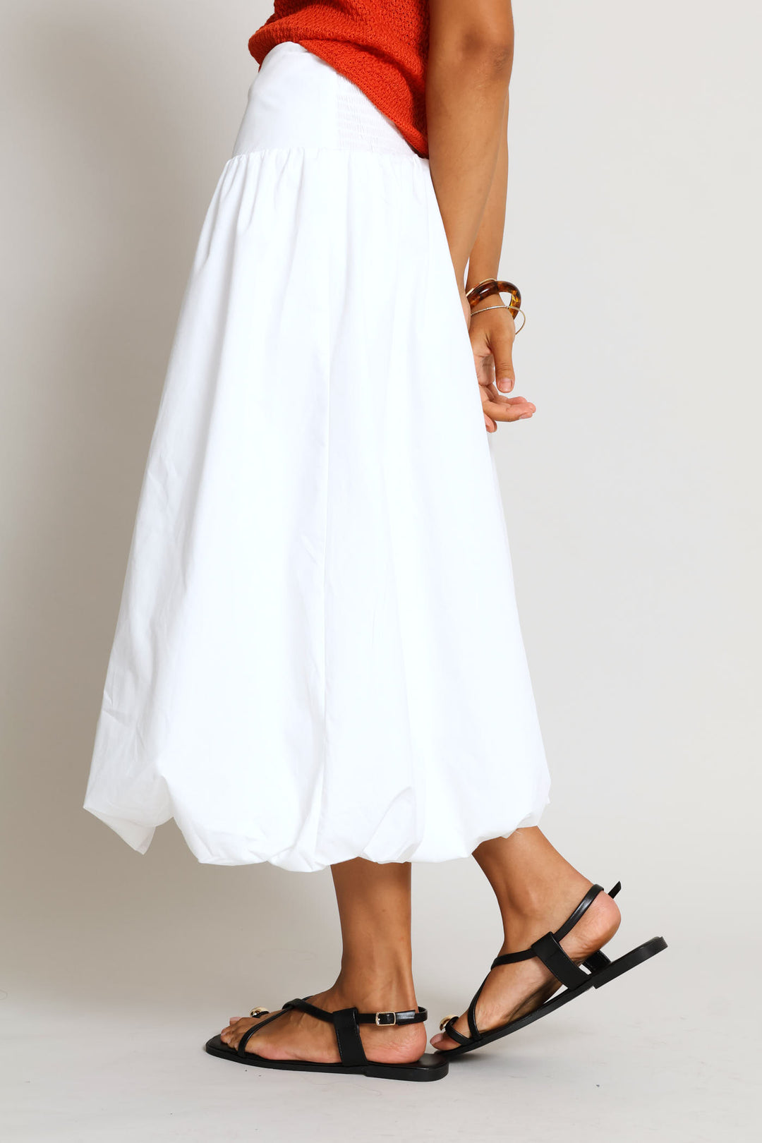 Pullon Shirred Back Bubble Hem Midaxi Skirt - White