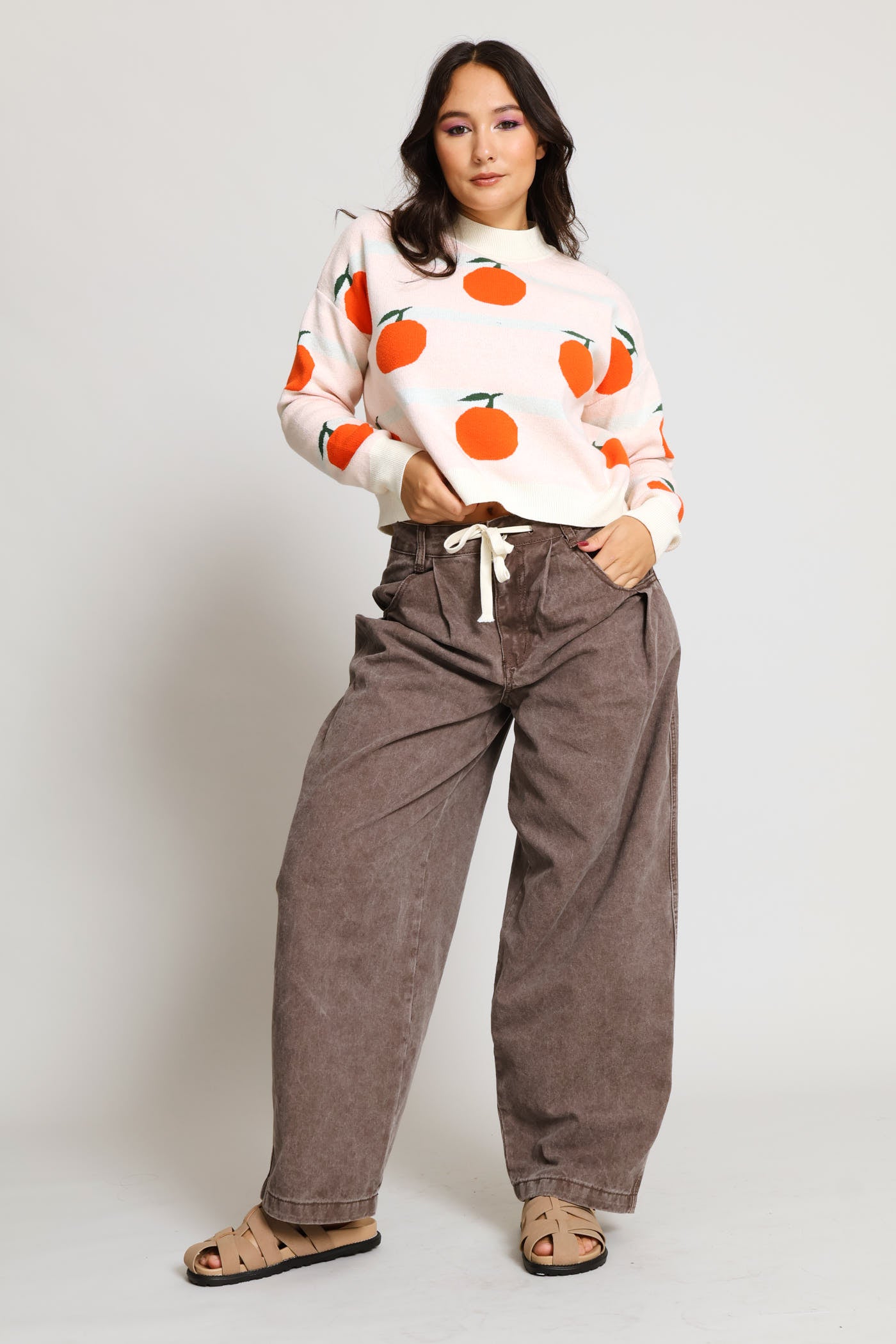 Ladies Pleated Cotton Wide Leg Trouser - Chocolate – Edgars