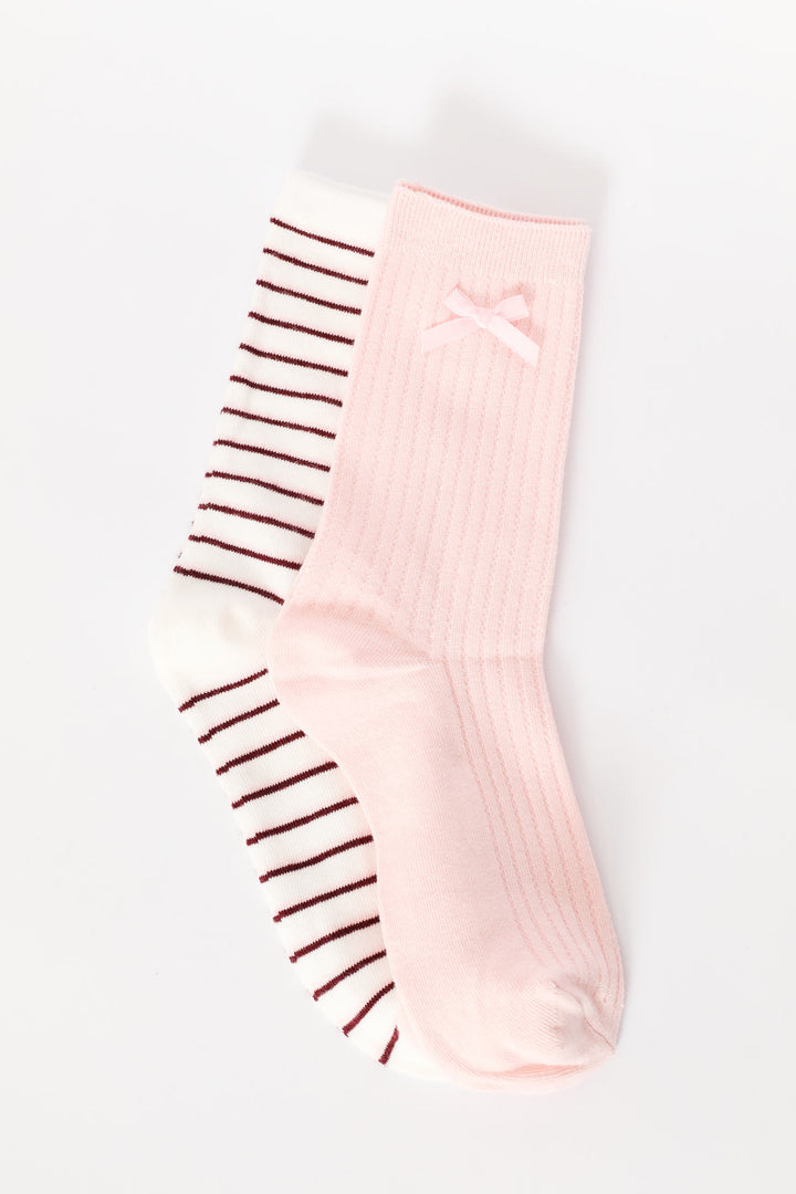 2 Pack Bow & Stripe Crew Fashion Socks - White/Pink