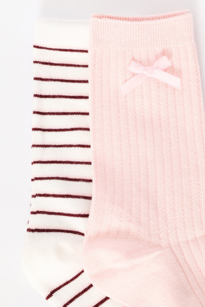 2 Pack Bow & Stripe Crew Fashion Socks - White/Pink