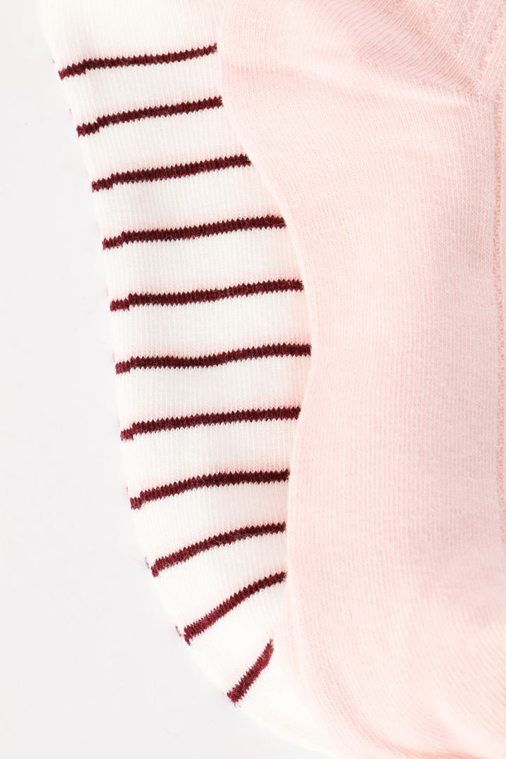 2 Pack Bow & Stripe Crew Fashion Socks - White/Pink