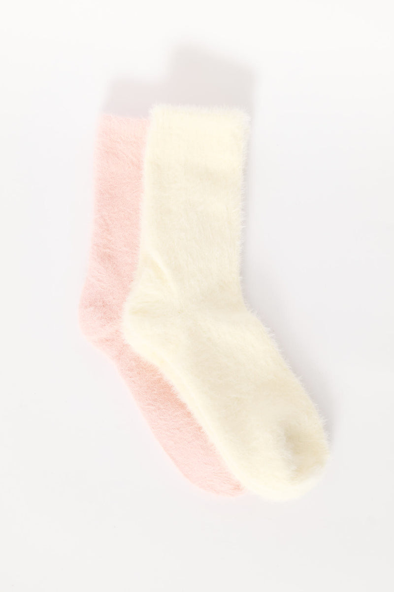 2 Pack Chenille Cosy Socks - White/Pink