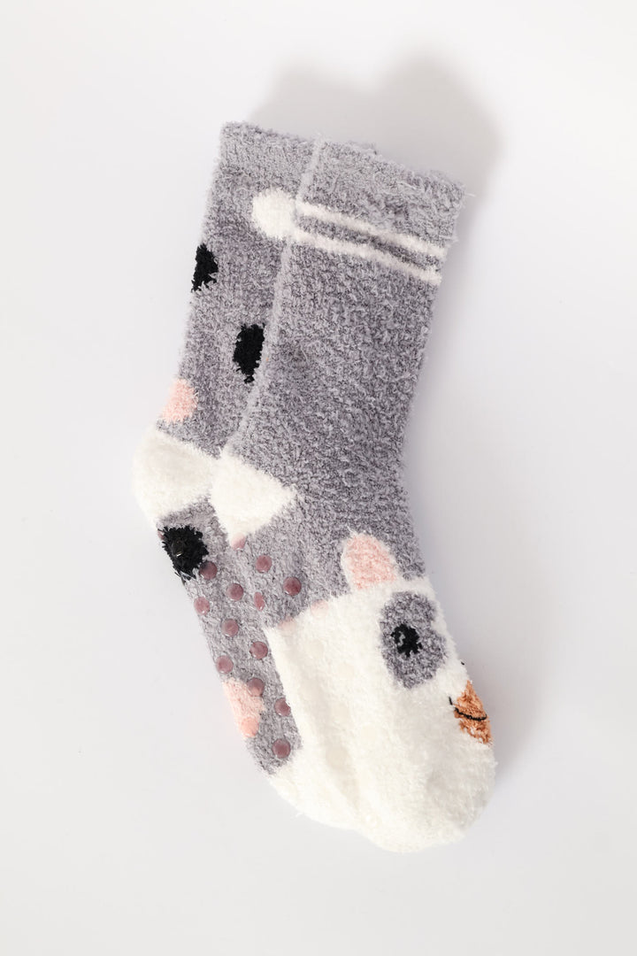 Girls Stripe Embroidery Fluffy Socks - Grey