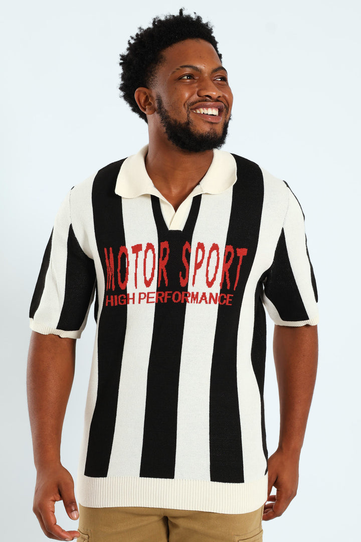 Stripe Racing Notch Neck Knitwear - Black/White