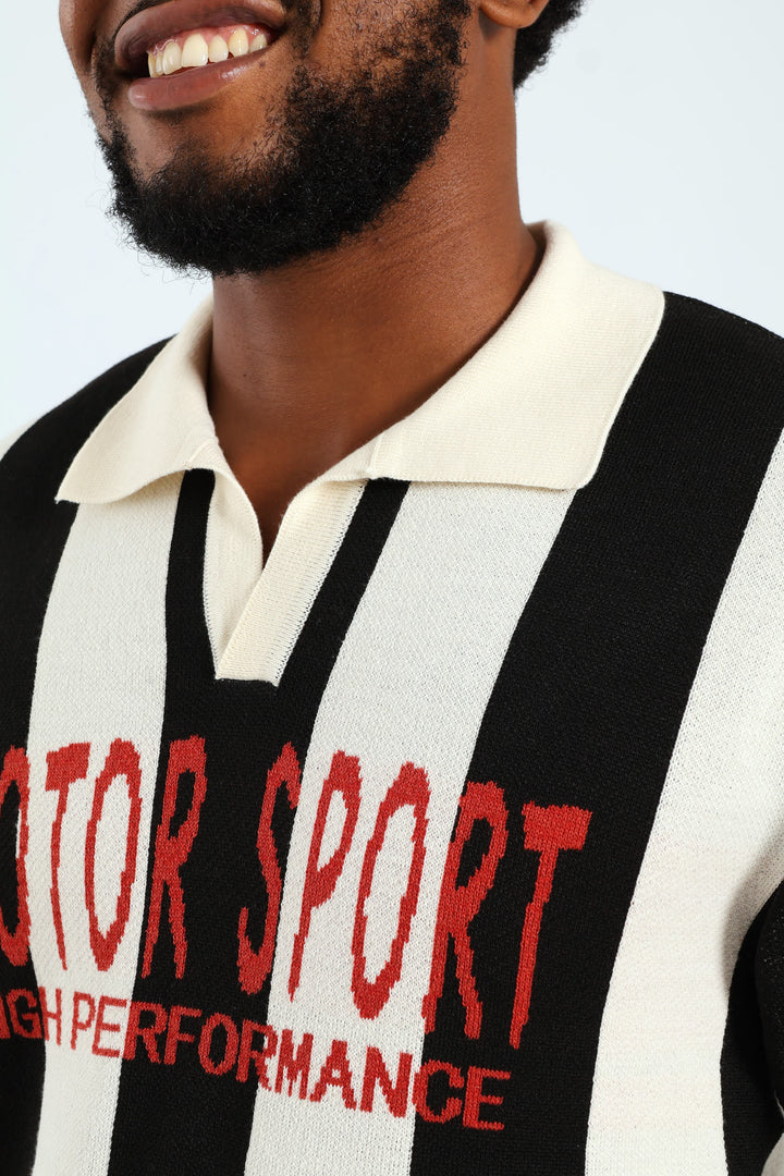 Stripe Racing Notch Neck Knitwear - Black/White