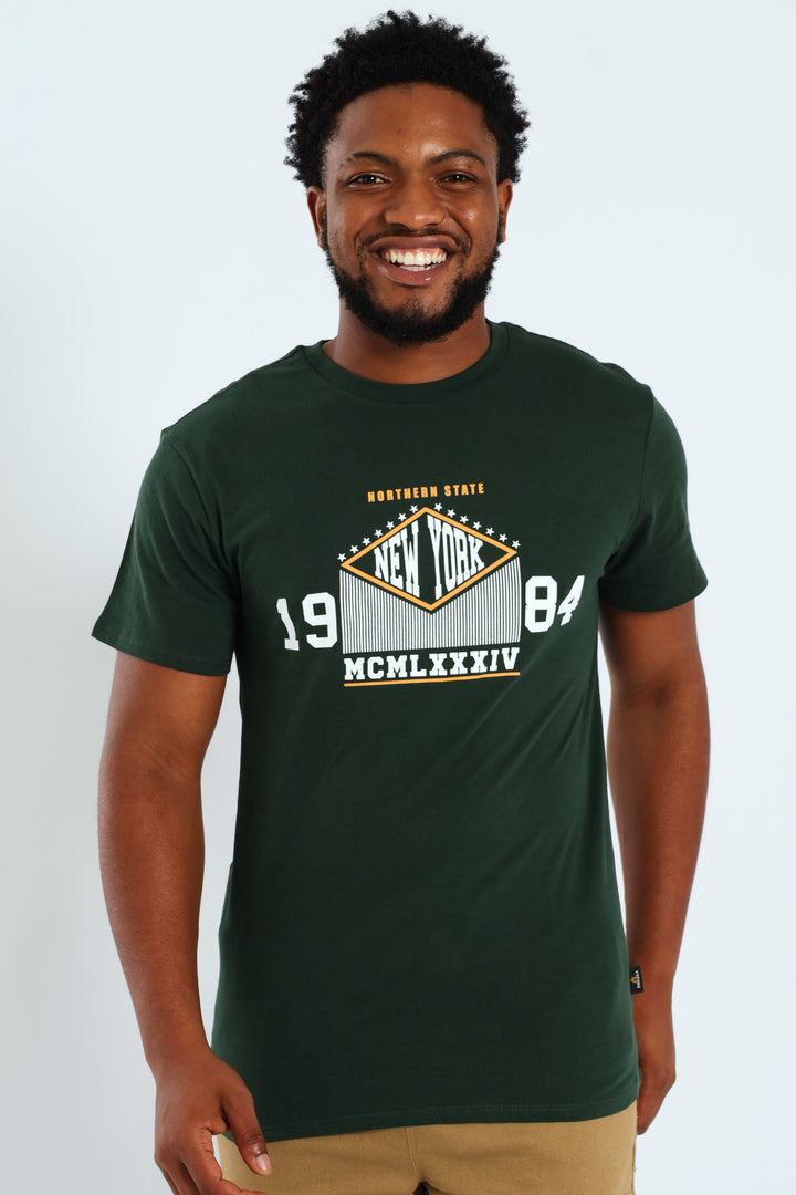 Short Sleeve Basic Print Tee - Bottle Green