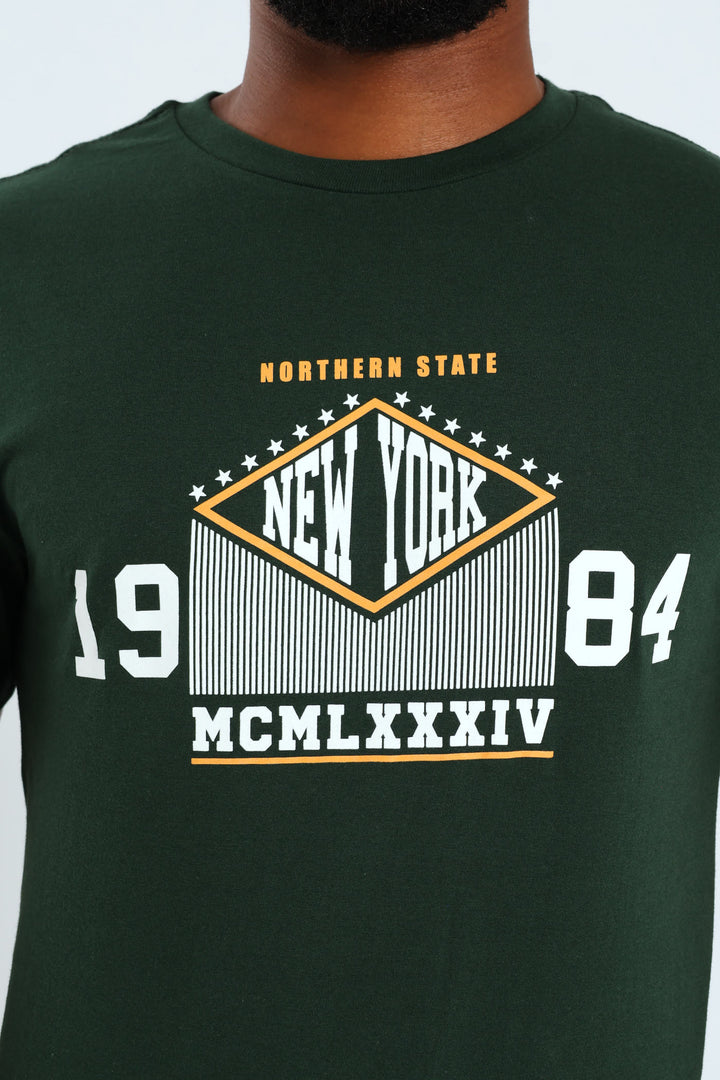Short Sleeve Basic Print Tee - Bottle Green