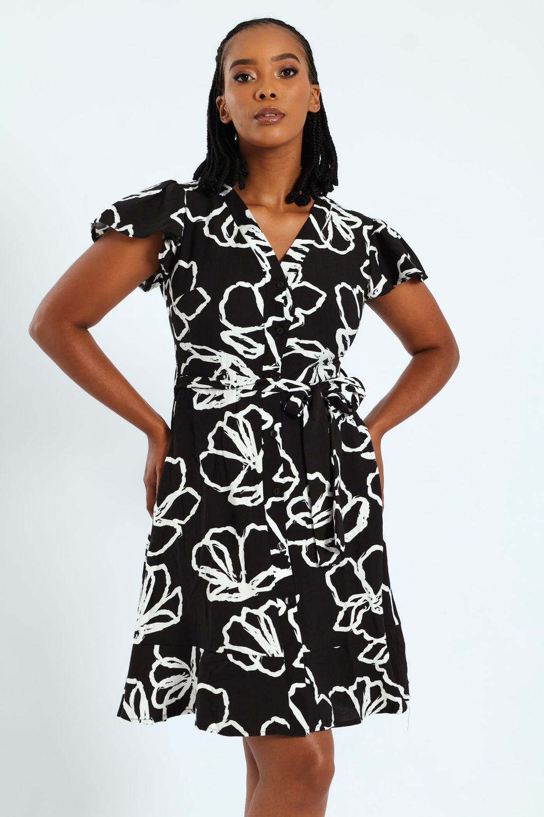 Frill Sleeve V-Neck Shirt Belted Mini Dress