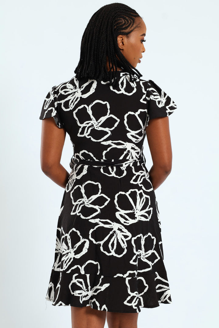 Frill Sleeve V-Neck Shirt Belted Mini Dress