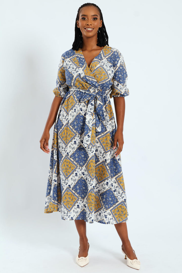 3/4 Sleeve Belted Mock Wrap Midi Dress