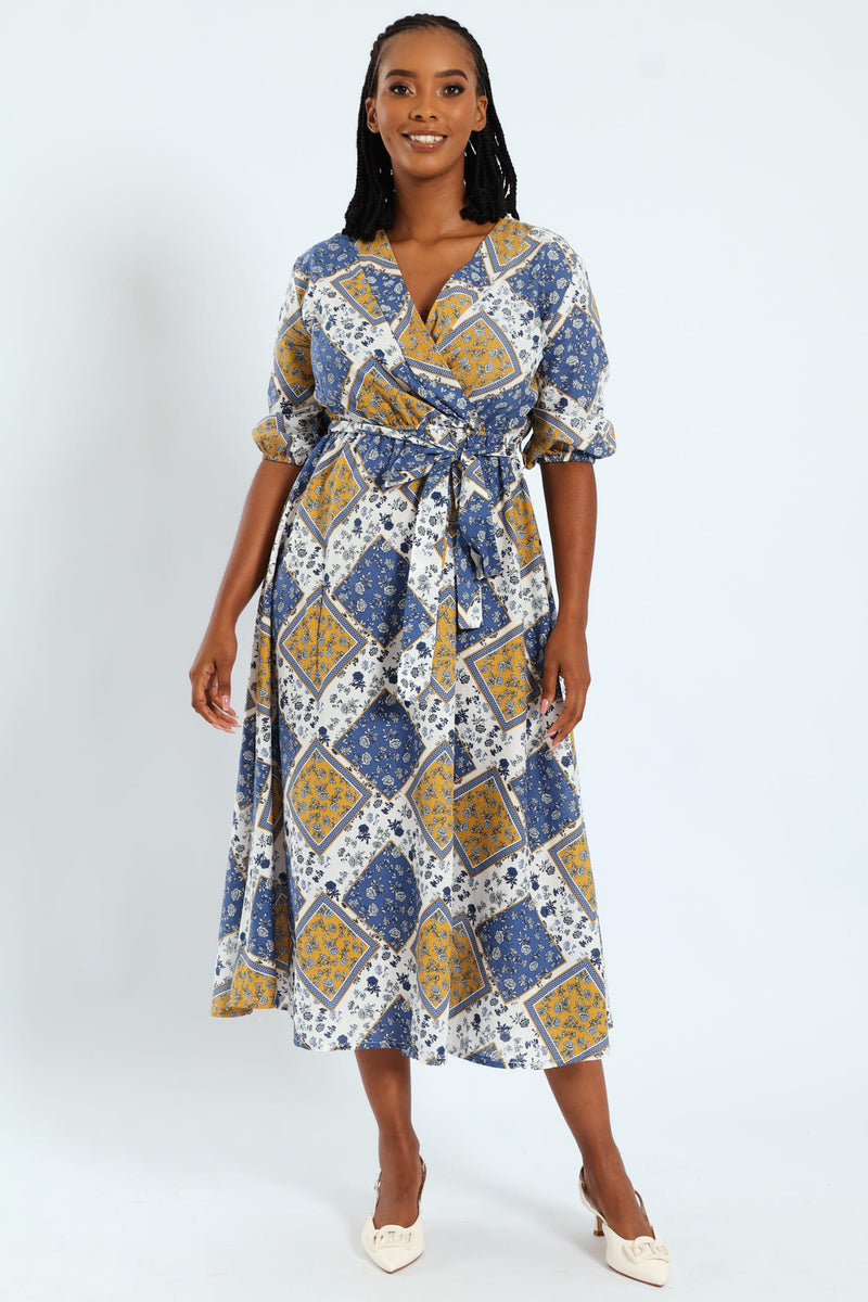 3/4 Sleeve Belted Mock Wrap Midi Dress