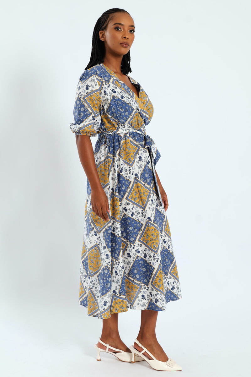 3/4 Sleeve Belted Mock Wrap Midi Dress
